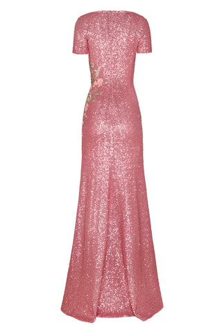 SEQUIN FLORAL SHORT SLEEVE GOWN