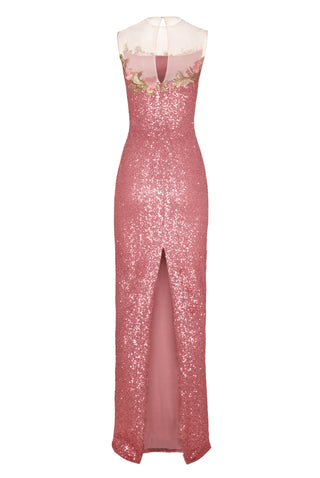 ILLUSION NECKLINE STRETCH SEQUIN SLEEVELESS GOWN