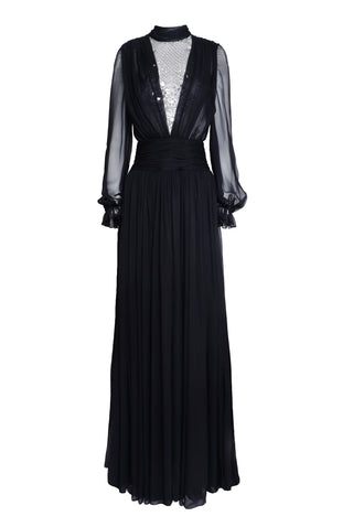 Embroidered Long Sleeve Chiffon Gown
