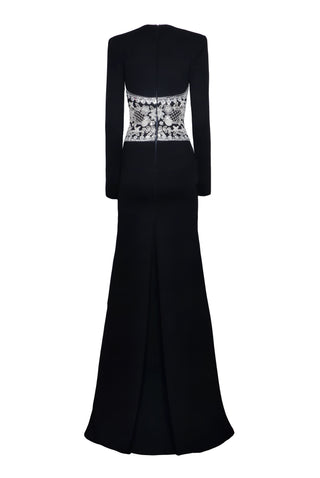 Embroidered Long Sleeve V Neck Gown