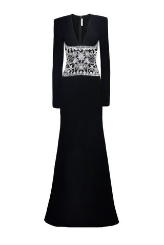 Embroidered Long Sleeve V Neck Gown