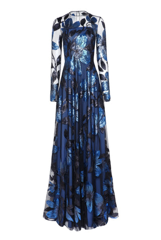 Floral Applique Long Sleeve Crew Neck Gown