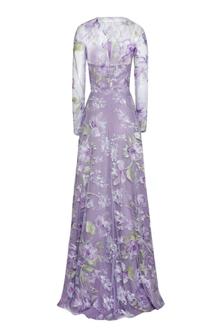 Floral Long Sleeve Illusion Neckline Gown
