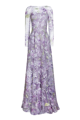 Floral Long Sleeve Illusion Neckline Gown