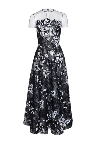 Floral Short Sleeve Illusion Neckline Cocktail Dress