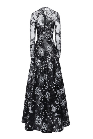 Floral Long Sleeve Illusion Neckline Sequin Gown