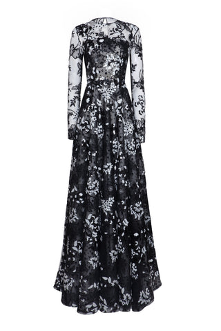 Floral Long Sleeve Illusion Neckline Sequin Gown