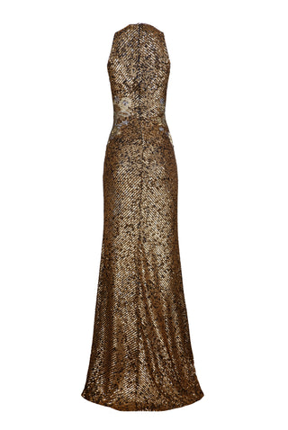 Stretch Sequin Halter Floral Applique Gown