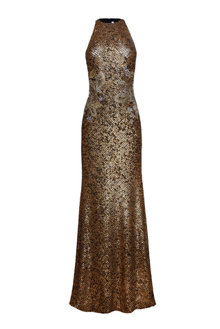 Stretch Sequin Halter Floral Applique Gown