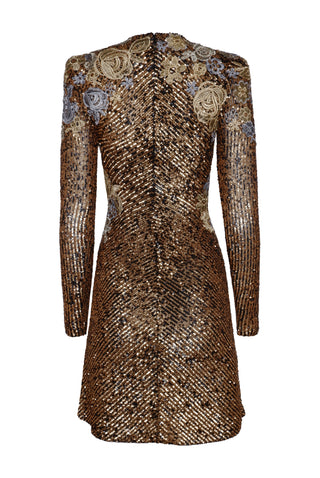 Stretch Sequin Long Sleeve Floral Applique Dress
