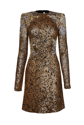 Stretch Sequin Long Sleeve Floral Applique Dress