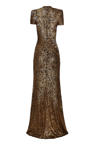 Stretch Sequin Short Sleeve Floral Applique Gown