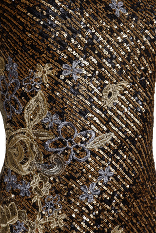 Stretch Sequin Short Sleeve Floral Applique Gown