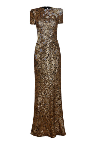 Stretch Sequin Short Sleeve Floral Applique Gown