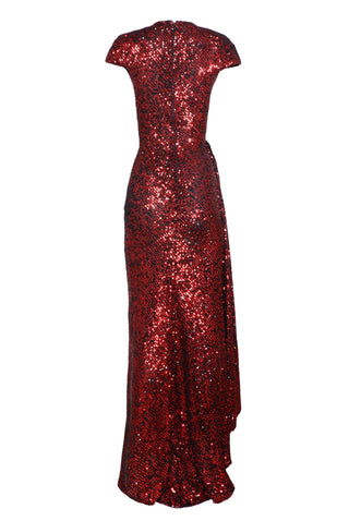 Stretch Sequin Draped Cap Sleeve Gown