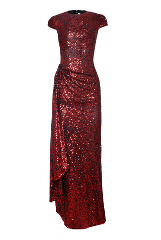 Stretch Sequin Draped Cap Sleeve Gown