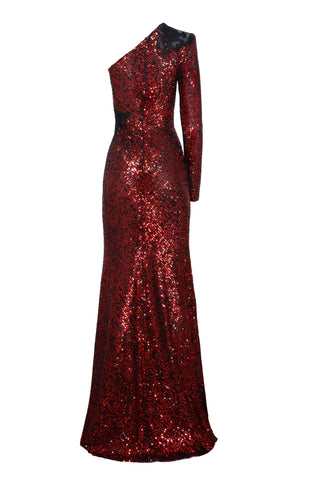 Stretch Sequin One Shoulder Lace Applique Gown