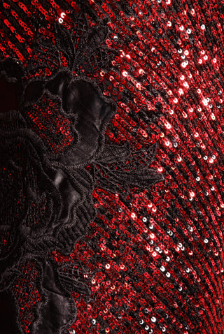 Stretch Sequin One Shoulder Lace Applique Gown
