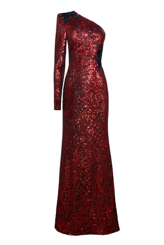 Stretch Sequin One Shoulder Lace Applique Gown