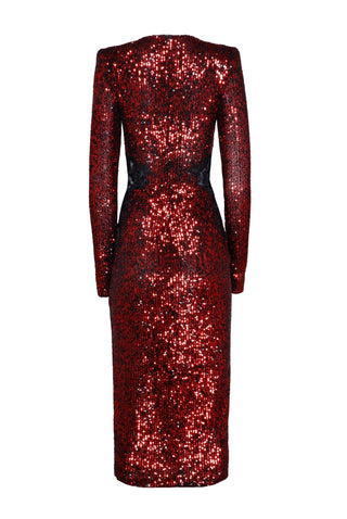 Stretch Sequin Long Sleeve Lace Applique Cocktail Dress