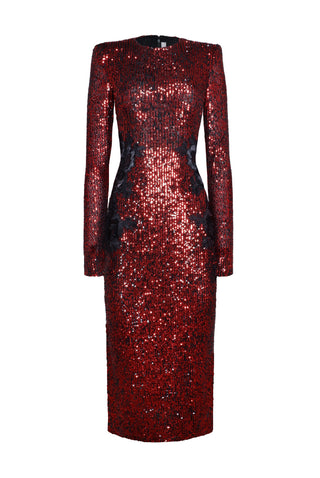 Stretch Sequin Long Sleeve Lace Applique Cocktail Dress