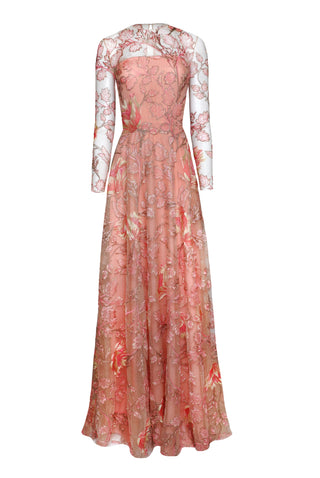 Floral Long Sleeve Illusion Neckline Gown