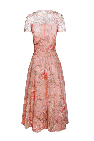 Floral Short Sleeve Illusion Neckline Cocktail Dress