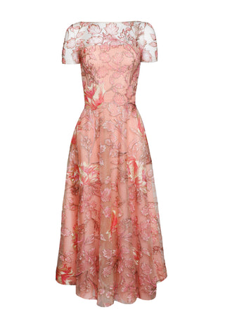 Floral Short Sleeve Illusion Neckline Cocktail Dress