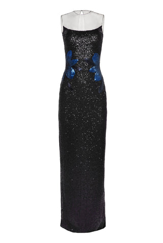 Stretch Sequin Illusion Neckline Floral Applique Column Gown