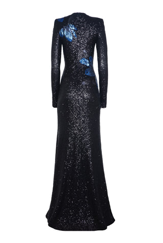 Stretch Sequin Long Sleeve Floral Applique Gown