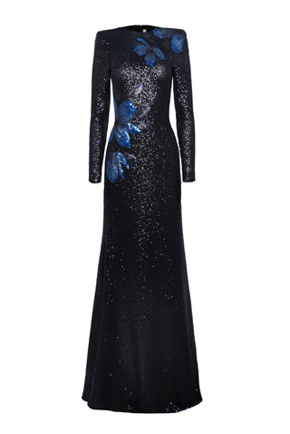 Stretch Sequin Long Sleeve Floral Applique Gown