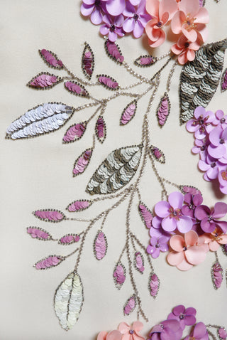 FLORAL EMBELLISHED BOAT NECK TEA-LENGTH DRESS