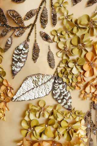 FLORAL EMBELLISHED STRAPLESS COLUMN GOWN