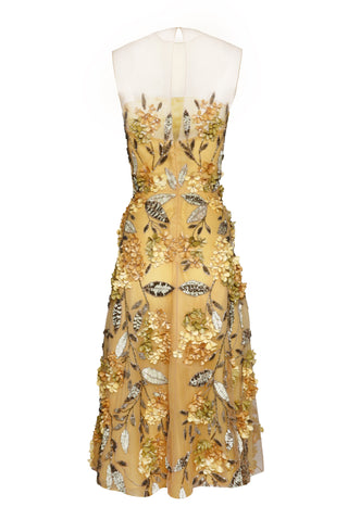 FLORAL EMBELLISHED ILLUSION NECKLINE TEA-LENGTH DRESS