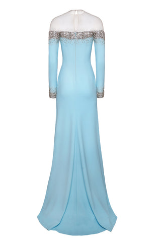CRYSTAL EMBELLISHED ILLUSION NECKLINE FIT-AND-FLARE GOWN