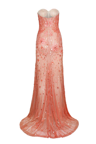 FLORAL BEADED SWEETHEART FIT-AND-FLARE GOWN