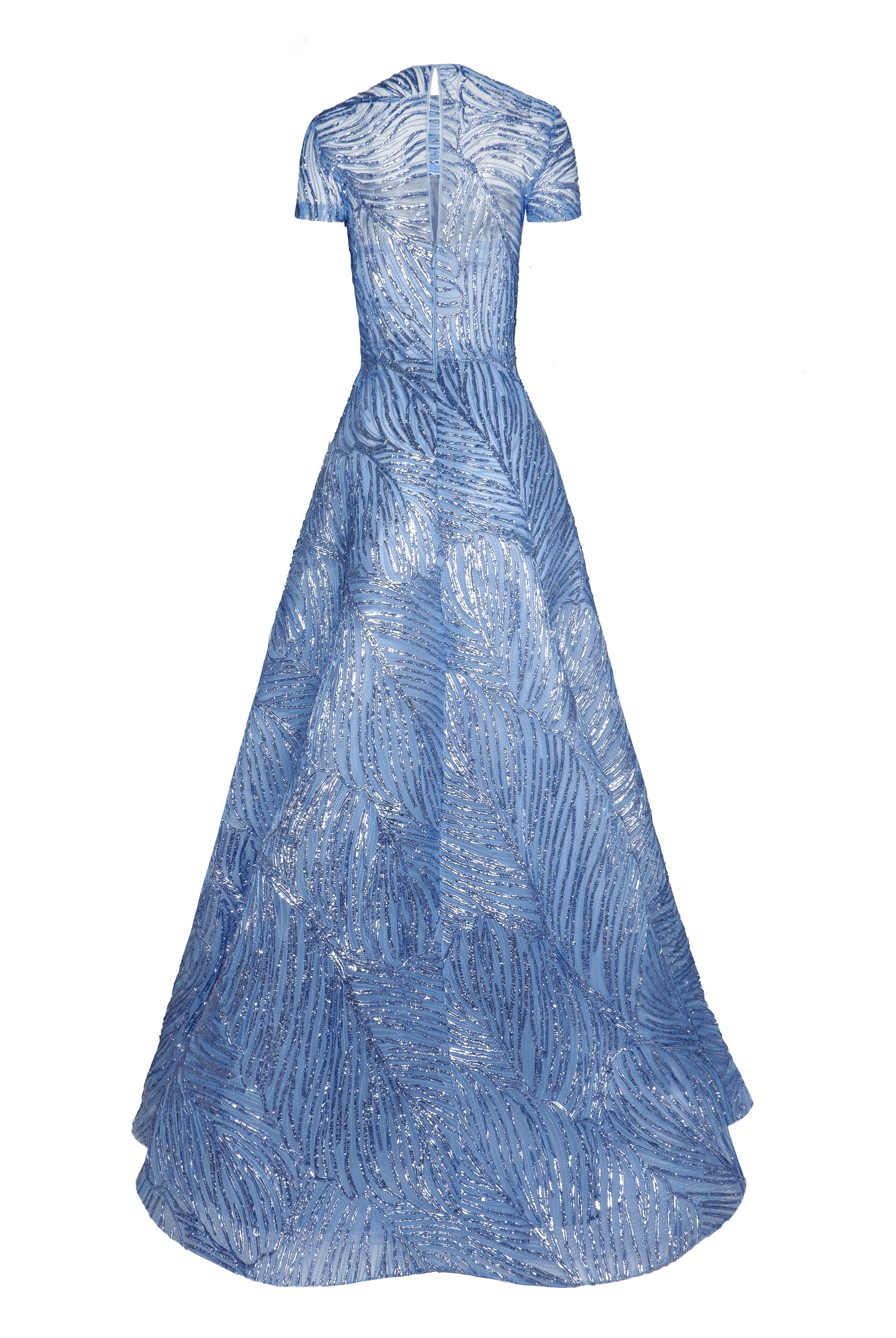 metallic cap sleeve dress Adrianna Papell AP1E202688 Short Sleeve Slit Back Metallic Lace Dress