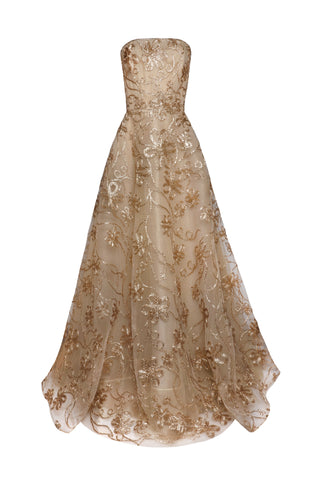naeem khan gold dress NAEEM KHAN Strapless Pleated Ruffled Metallic Brocade Gown - Women - Gold Dresses