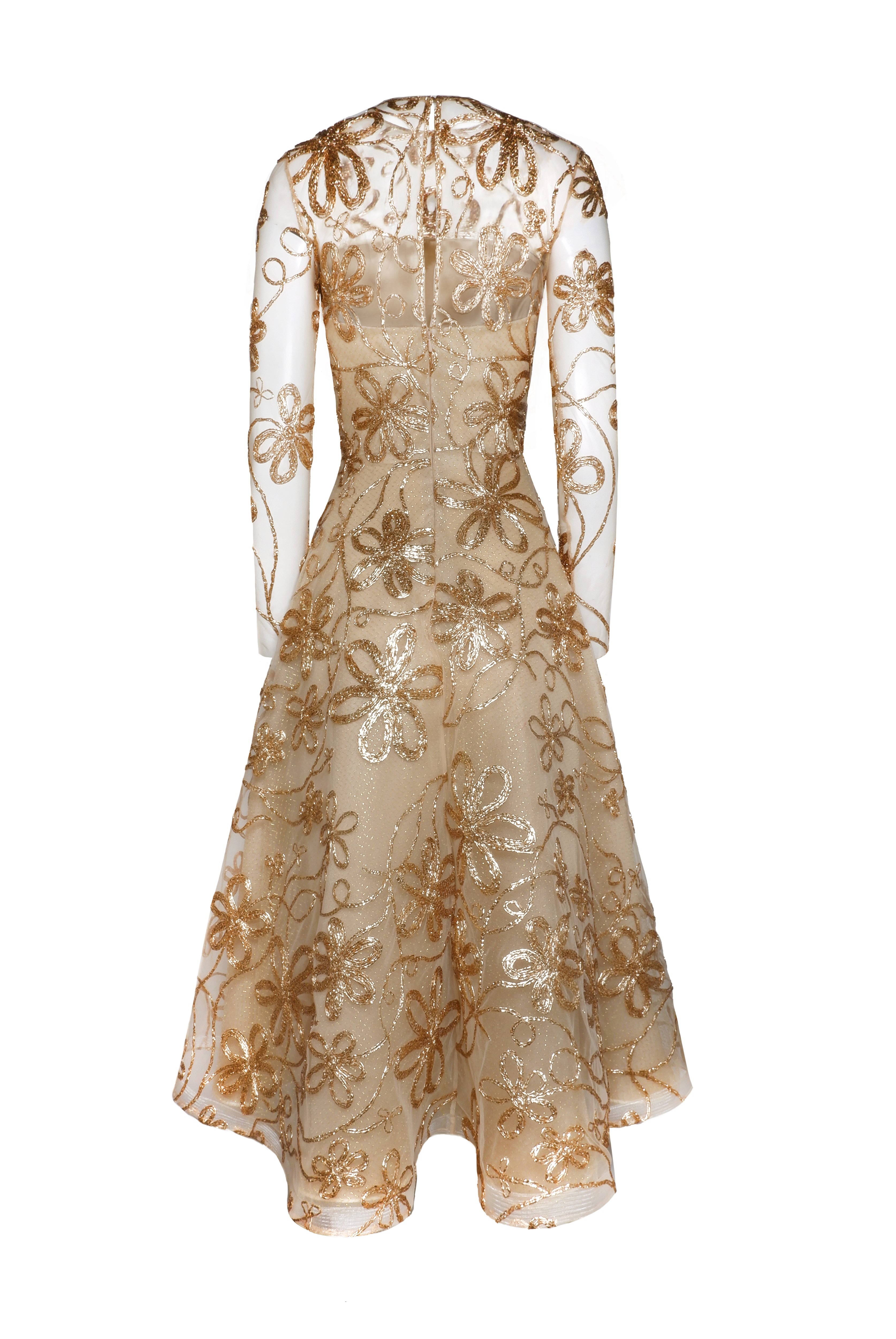METALLIC RAFFIA LONG SLEEVE TEA-LENGTH DRESS METALLIC RAFFIA LONG SLEEVE TEA-LENGTH DRESS