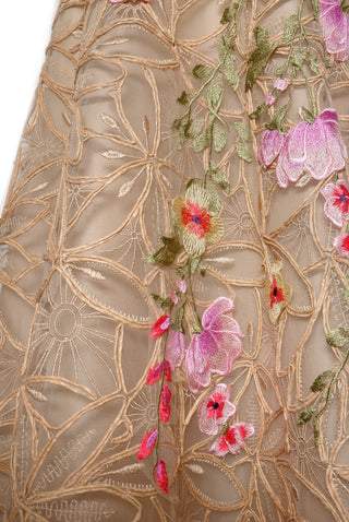 RAFFIA CAP SLEEVE GOWN WITH FLORAL APPLIQUE