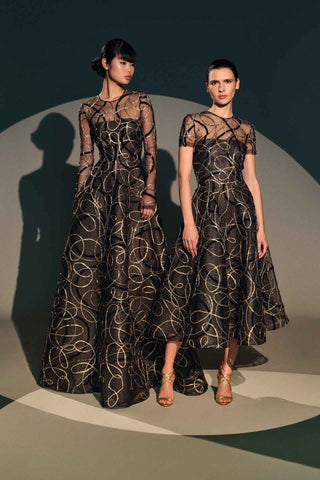 METALLIC RAFFIA JEWEL NECK LONG SLEEVE GOWN