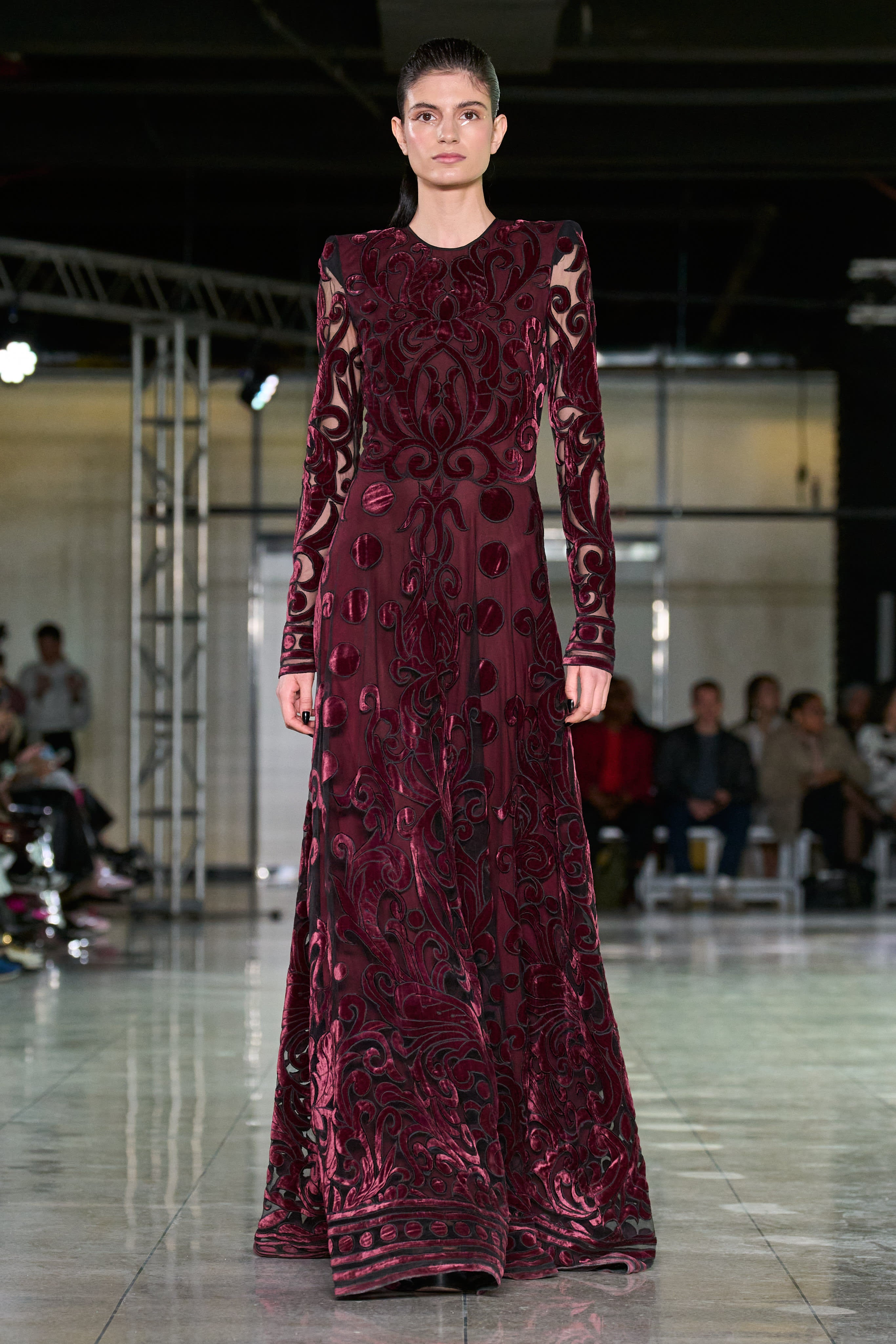 VELVET EMBROIDERED FULL SKIRT GOWN WITH LONG SLEEVES VELVET EMBROIDERED FULL SKIRT GOWN WITH LONG SLEEVES