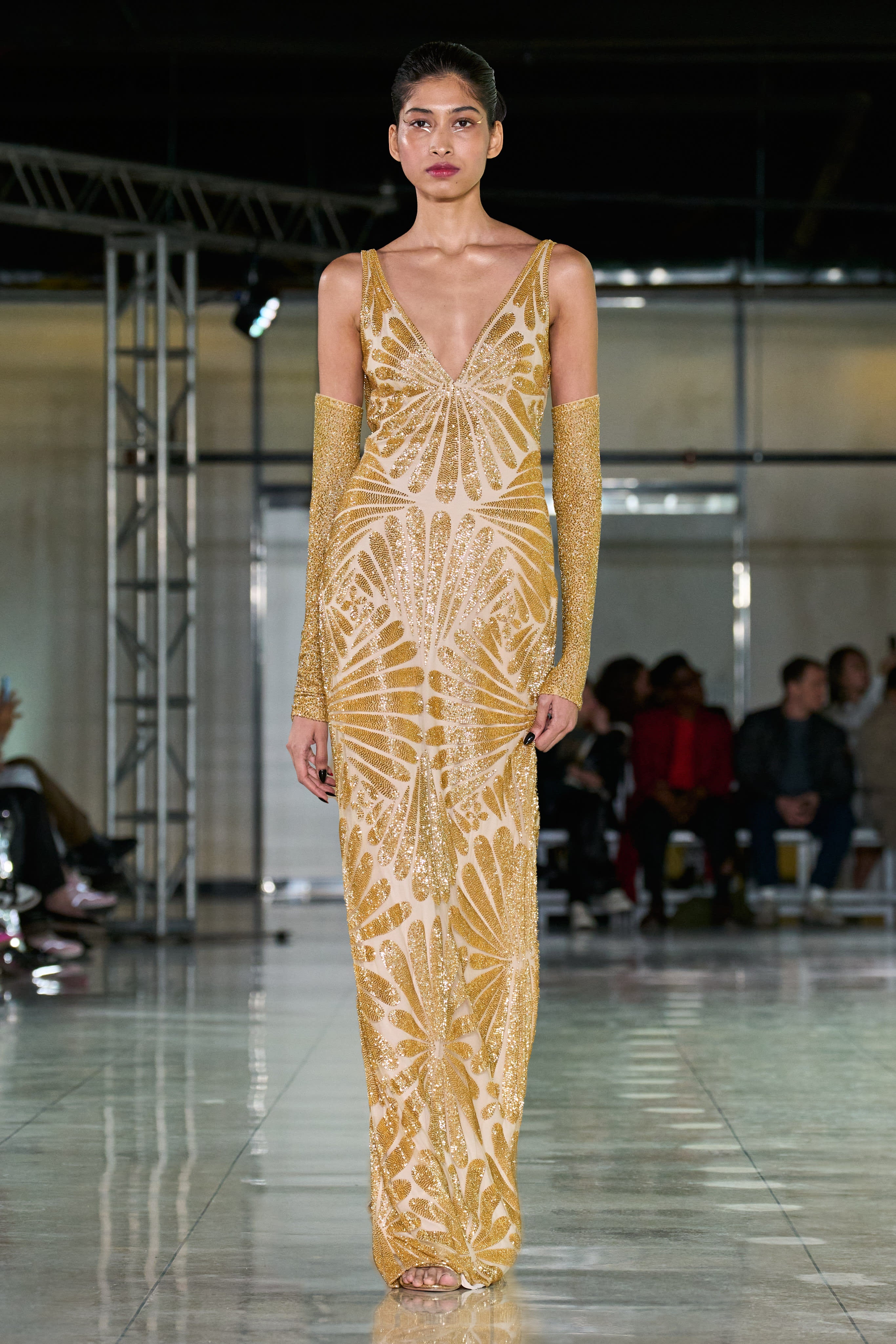 BEADED V-NECK GOWN WITH COWL BACK BEADED V-NECK GOWN WITH COWL BACK