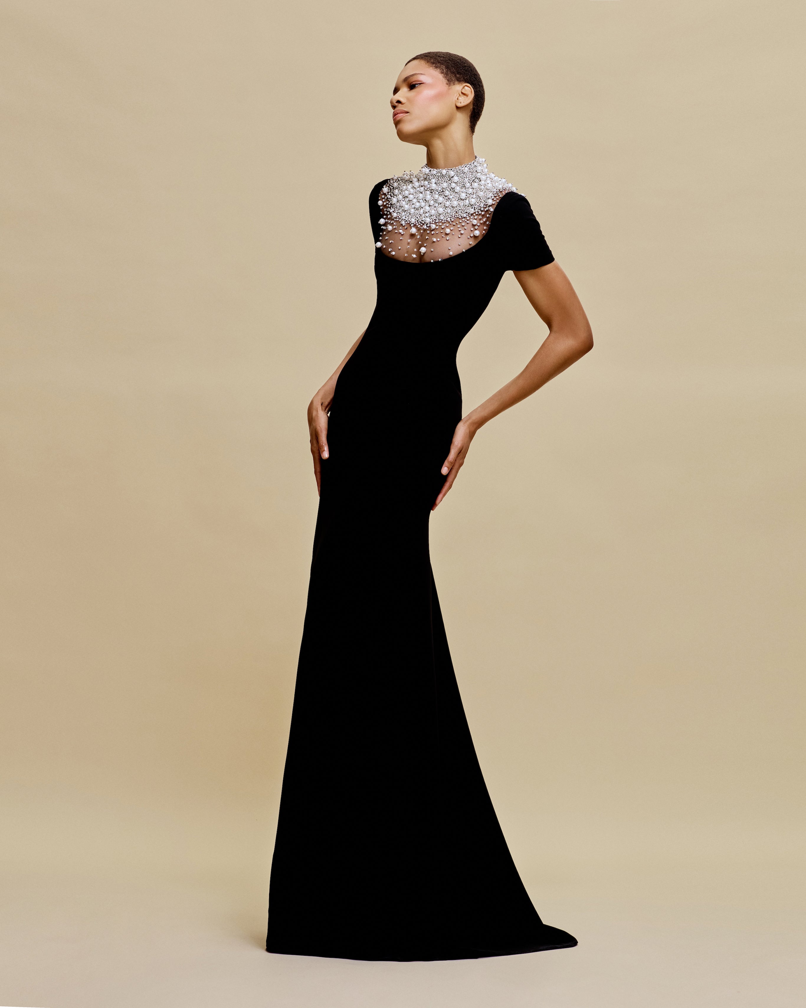 PEARL EMBELLISHED NECKLINE FIT-AND-FLARE GOWN WITH CAP SLEEVES – Naeem Khan