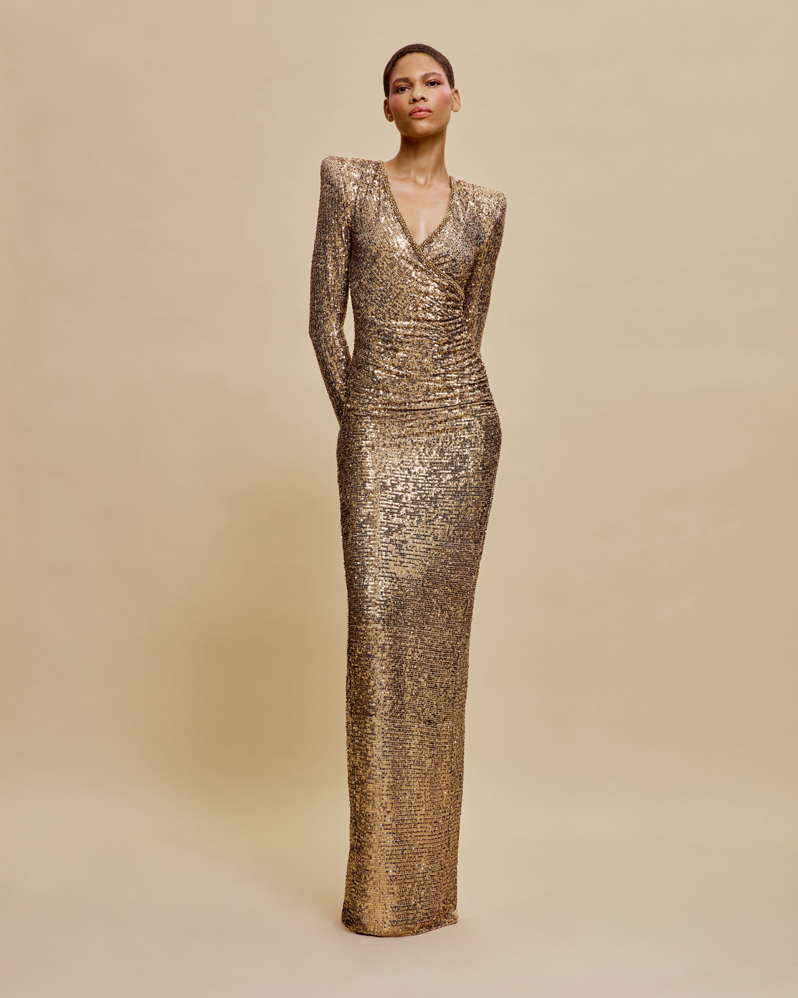 STRETCH SEQUIN V-NECK RUCHED FIT-AND-FLARE GOWN WITH CAP SLEEVES Naeem Khan STRETCH SEQUIN V-NECK RUCHED FIT-AND-FLARE GOWN WITH CAP SLEEVES Naeem Khan