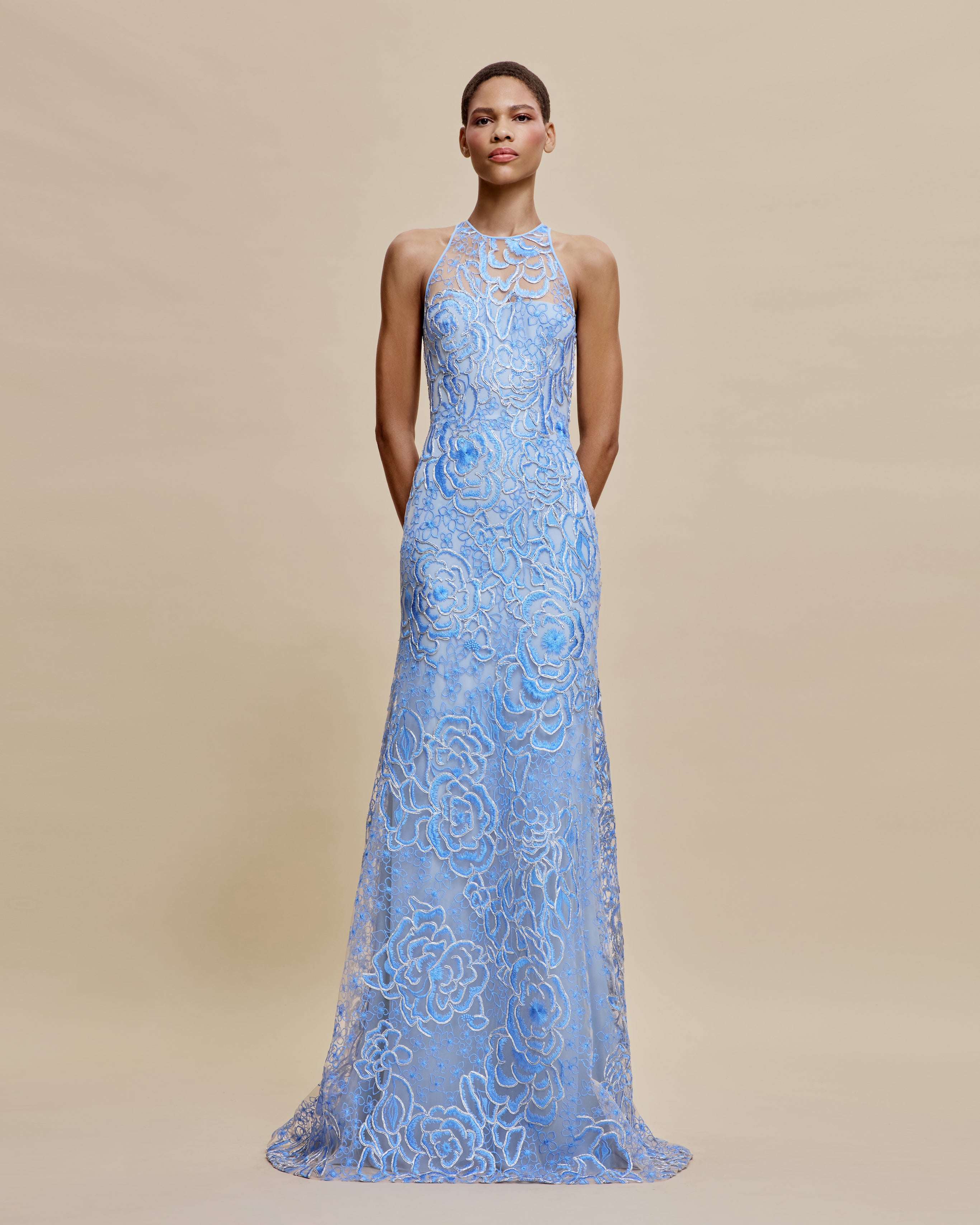 FLORAL RAFFIA HALTER FIT-AND-FLARE GOWN FLORAL RAFFIA HALTER FIT-AND-FLARE GOWN