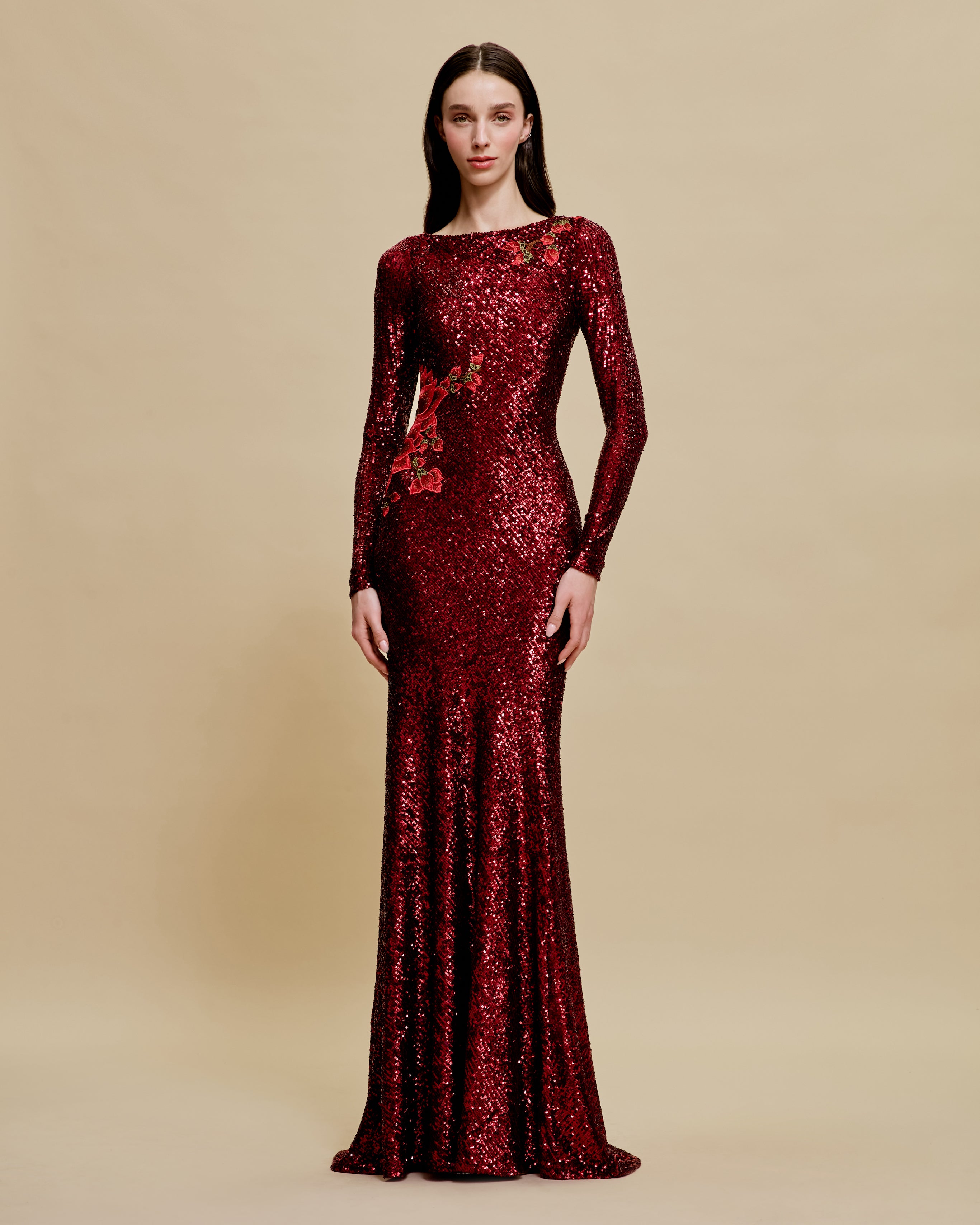 STRETCH SEQUIN BOAT NECK FIT-AND-FLARE GOWN WITH LONG SLEEVES