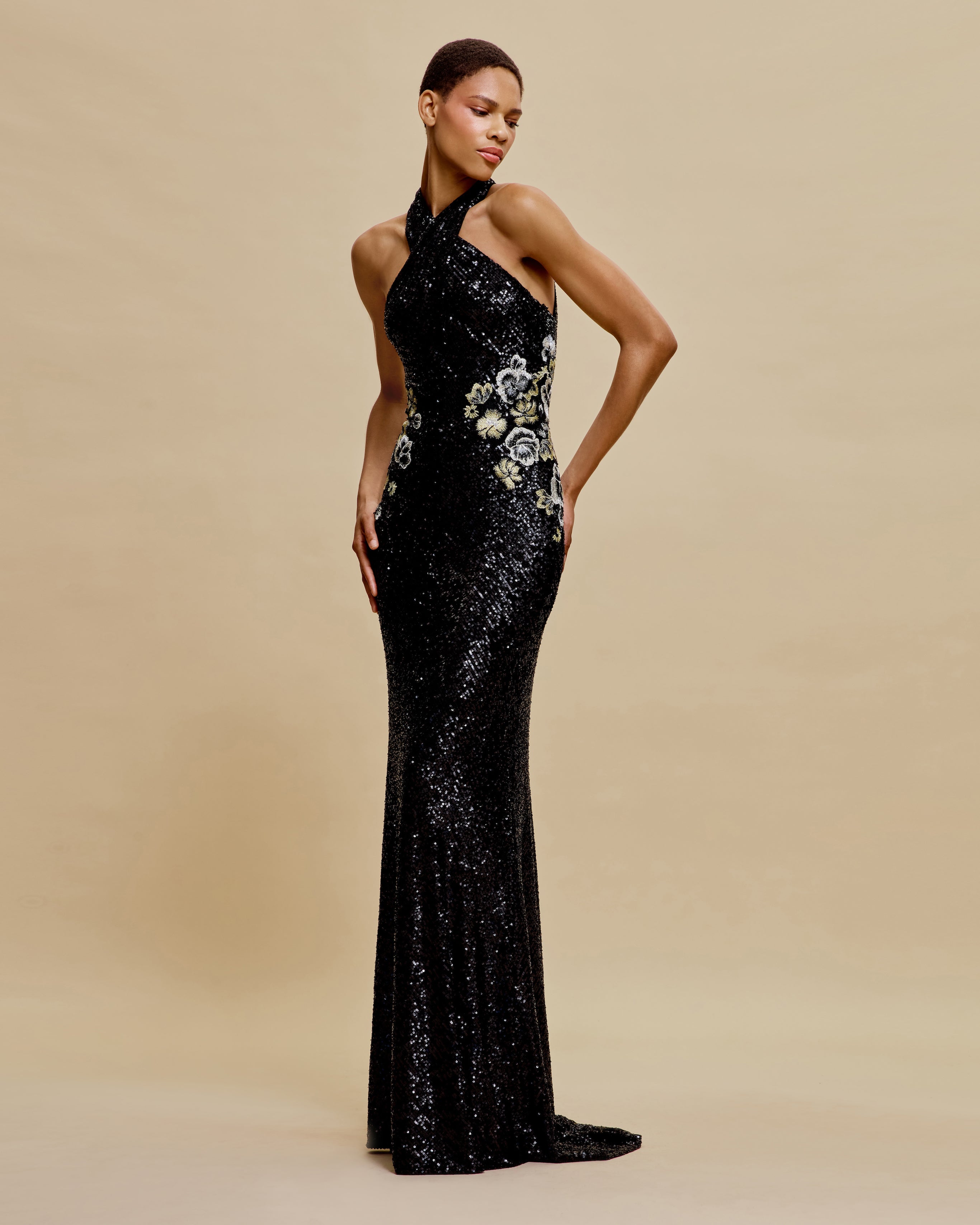 STRETCH SEQUIN CRISS-CROSS NECK FIT-AND-FLARE GOWN Naeem Khan STRETCH SEQUIN CRISS-CROSS NECK FIT-AND-FLARE GOWN Naeem Khan