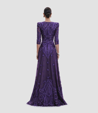 EMBROIDERED V-NECK FULL SKIRT GOWN WITH THREE-QUARTER SLEEVES