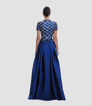 BEADED JEWEL NECK DROP WAIST BALL GOWN WITH CAP SLEEVES